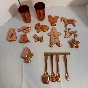 Lot Of Copper Colored Cookie Cutters Cups Measuring Spoons With Hanger Vintage